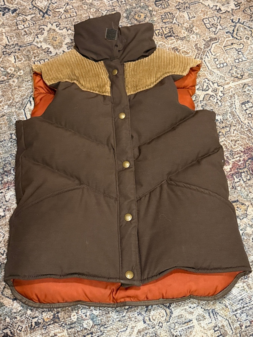 William Barry Brown Puffer Vest with Tan Corduroy Yoke and Red Lining
